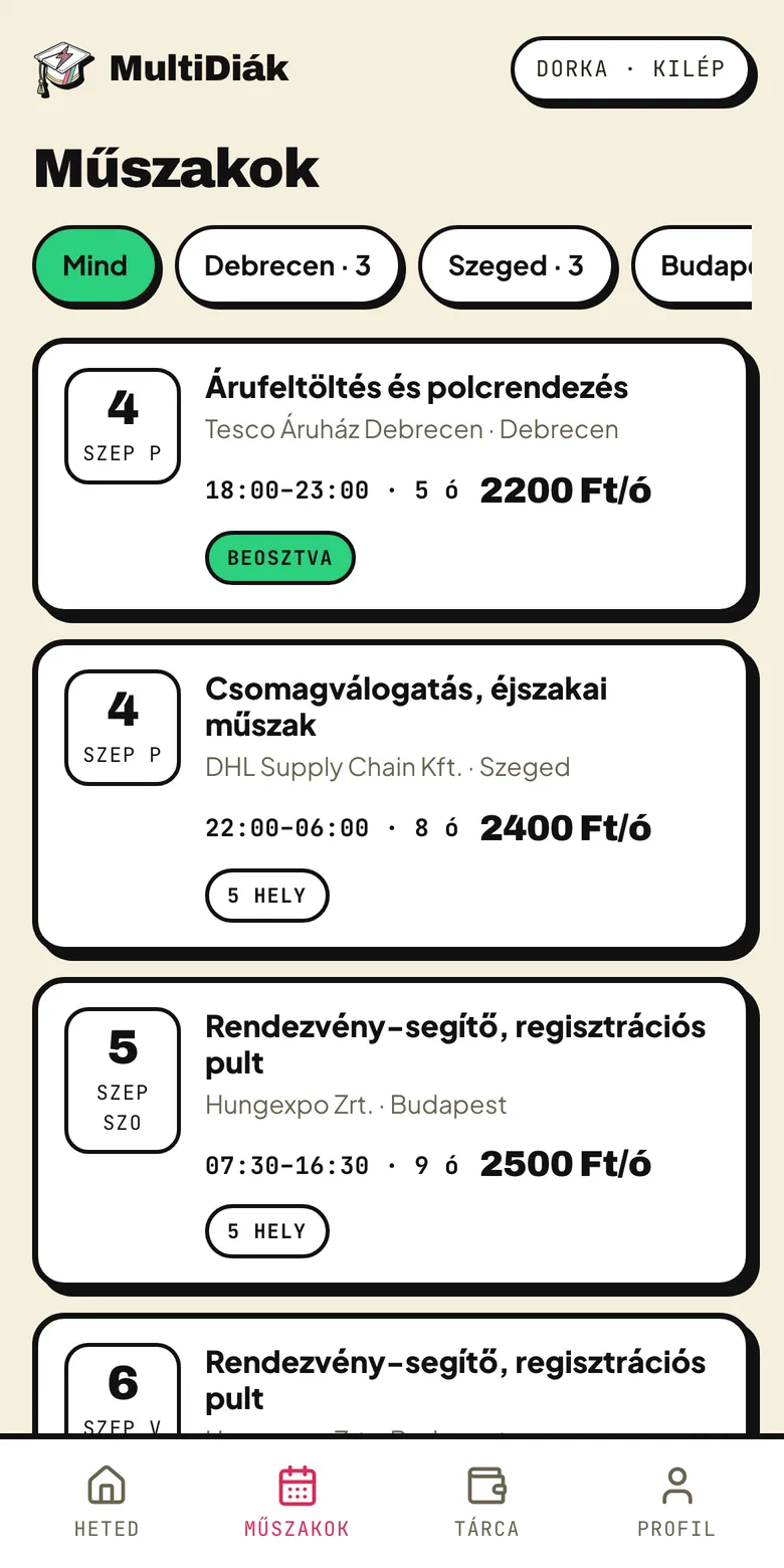Shift list in the app